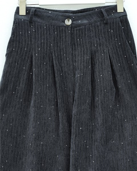 Cepli Bol Paça Pul Detaylı Kadife Pantolon  -Antrasit-Pantolon-346-3082-R64