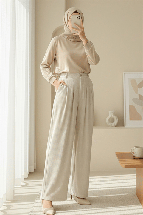 Cepli Bol Paça Pul Detaylı Kadife Pantolon   -Bej-Pantolon-346-3082-R56