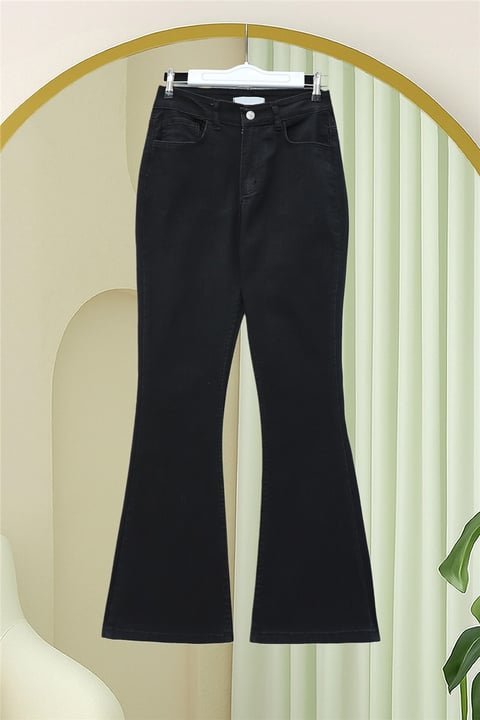 Cepli İspanyol Paça Fermuarlı Kot Pantolon  -Siyah-Pantolon-417-13852-R01