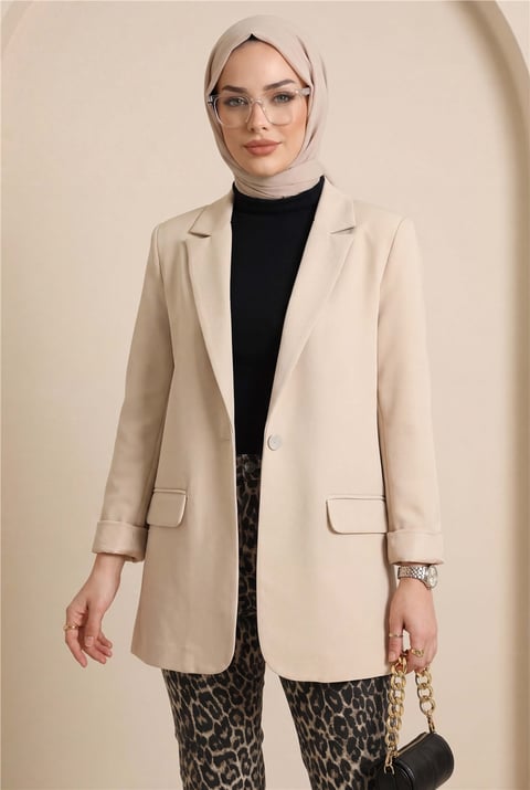 Cepli Tek Düğmeli Likralı Ceket  -Bej-Ceket-307-2210-R56