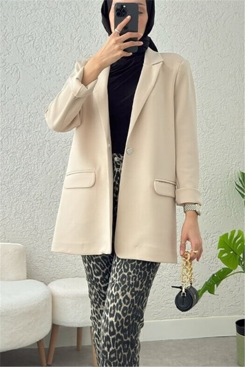 Cepli Tek Düğmeli Likralı Ceket  -Bej-Ceket-307-2210-R56