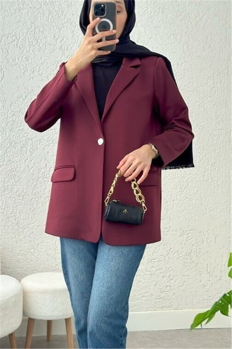 Cepli Tek Düğmeli Likralı Ceket -Bordo-Ceket-307-2210-R04