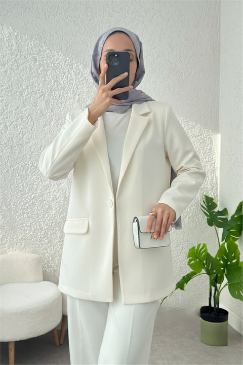 Cepli Tek Düğmeli Likralı Ceket  -Krem-Ceket-307-2210-R28