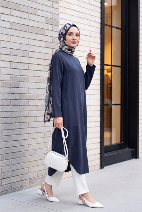 Cepli Yanları Yırtmaçlı Uzun Rayon Tunik  -Füme