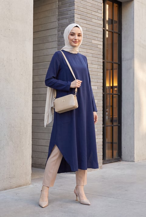 Cepli Yanları Yırtmaçlı Uzun Rayon Tunik  -Lacivert