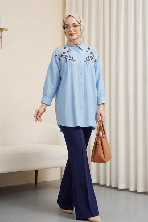 Çiçek Boncuk Desenli Düğmeli Çilek Gömlek -Açık Mavi-Tunik-199-259-R25