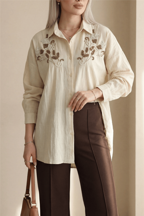 Tunik-Çiçek Boncuk Desenli Düğmeli Çilek Gömlek -Bej-199-259-R56
