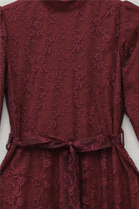 Çiçek Desenli Güpür Dantelli Kolu Volanlı Kemerli Astarlı Elbise -Bordo-Elbise-386-6294-R04