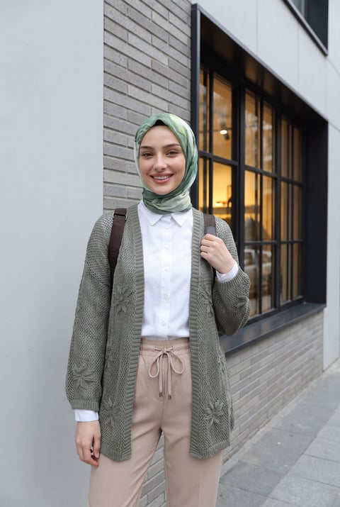 Çiçek Detaylı Ajurlu Örme Triko Hırka -Haki