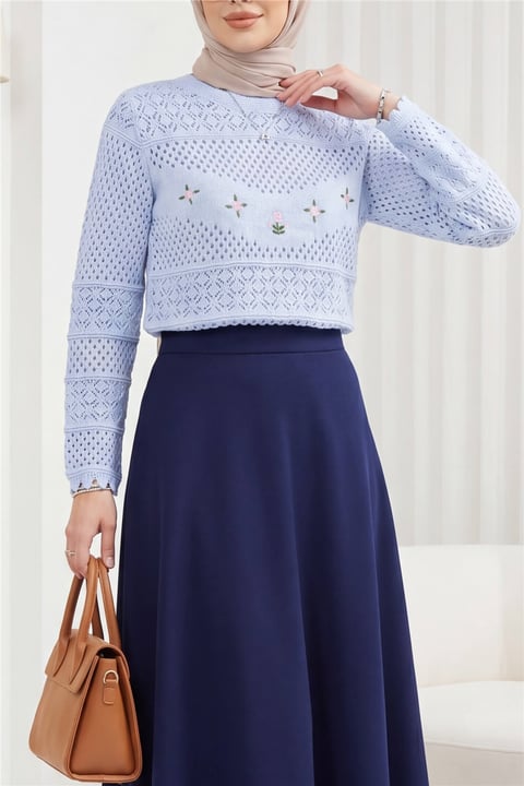 Çiçek Nakışlı Ajurlu Desenli Triko Kazak -Bebe Mavi-Kazak-109-1229-R32