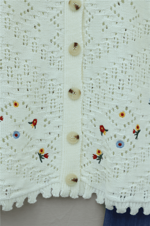 Çiçek Nakışlı Ajurlu Triko Hırka -Ekru-Hırka-109-0992-R07