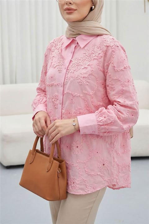 Çiçek Nakışlı Fistolu Düğmeli Mira Gömlek -Pembe-Gömlek-426-030-R20