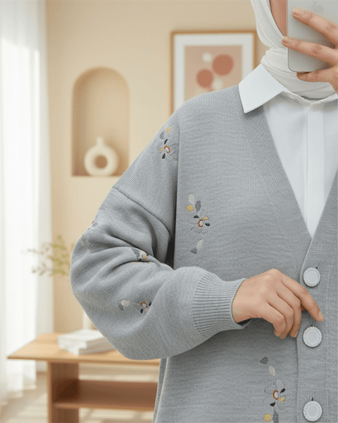 Çiçek Nakışlı Parlak Düğmeli Triko Hırka -Gri-Hırka-357-6248-R11