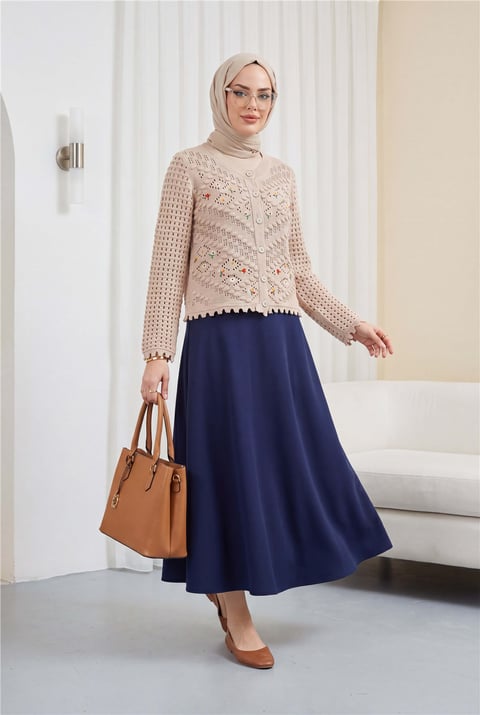 Çiçek Nakışlı Ponponlu Ajurlu Triko Hırka       -Pudra-Hırka-109-0642-R06