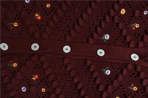 Çiçek Nakışlı Ponponlu Ajurlu Triko Hırka         -Bordo-Hırka-109-0642-R04