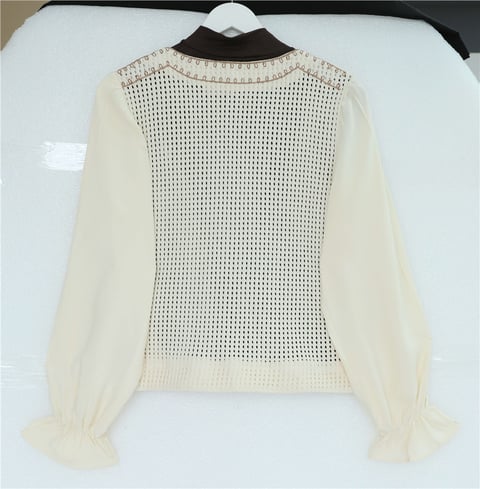 Çiçek Nakışlı Triko Detaylı Düğmeli Bohem Bluz -Bej-Bluz-364-5327-R56