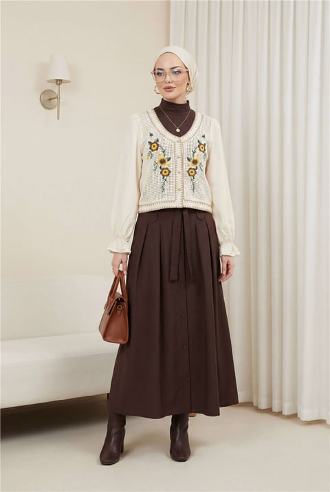 Çiçek Nakışlı Triko Detaylı Düğmeli Bohem Bluz -Bej-Bluz-364-5327-R56