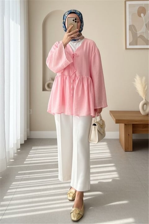 Çift Bağlamalı İçi Astarlı Modal Kimono -Pembe-KİMONO&KAFTAN-307-2389-R20