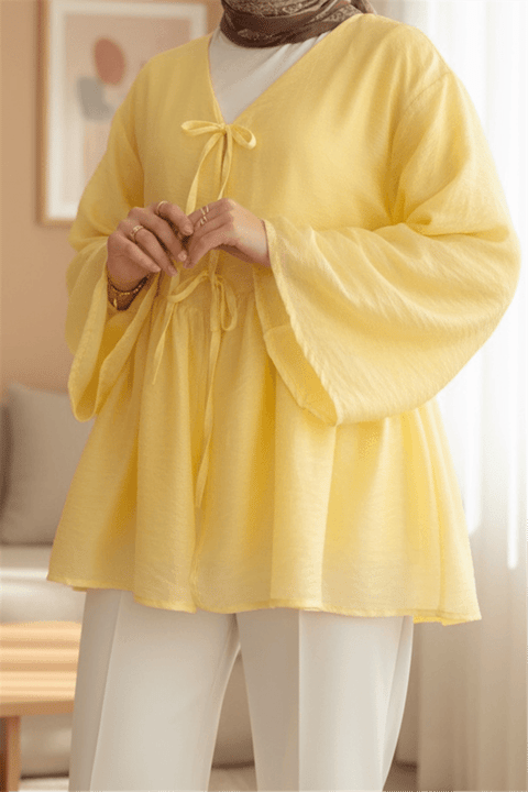 Çift Bağlamalı İçi Astarlı Modal Kimono -Sarı-Kimono&Kaftan-307-2389-R22