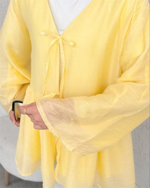 Çift Bağlamalı İçi Astarlı Modal Kimono -Sarı-Kimono&Kaftan-307-2389-R22