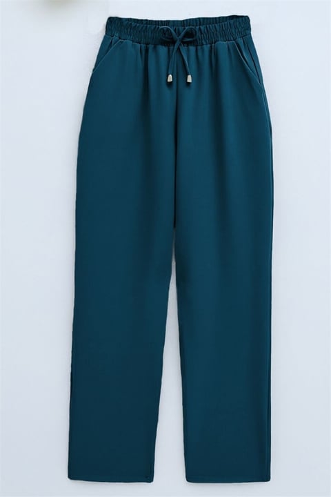 Çift Cepli Beli Lastikli Bağcık Detaylı Pantolon  -Zümrüt-Pantolon-326-9093-R17