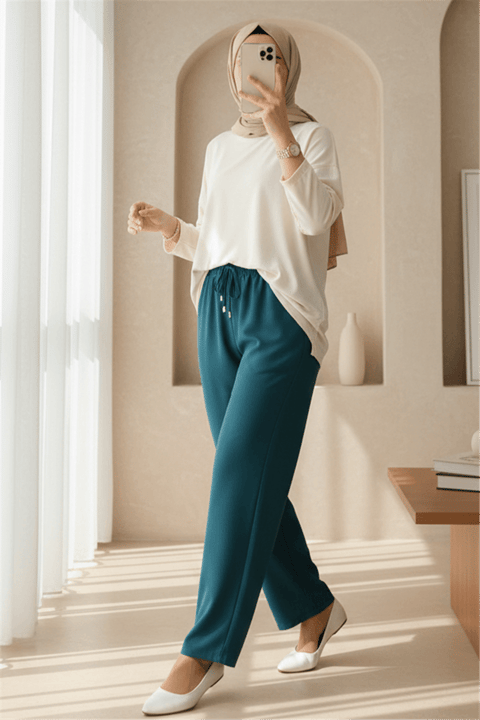 Çift Cepli Beli Lastikli Bağcık Detaylı Pantolon  -Zümrüt-Pantolon-326-9093-R17