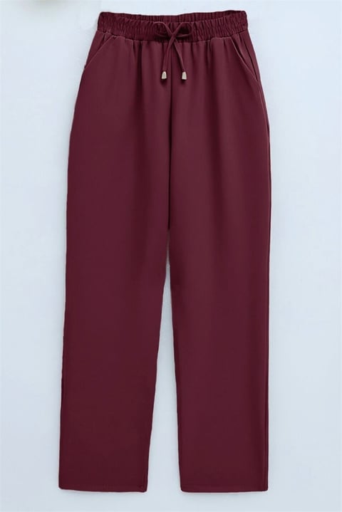 Çift Cepli Beli Lastikli Bağcık Detaylı Pantolon  -Bordo-Pantolon-326-9093-R04