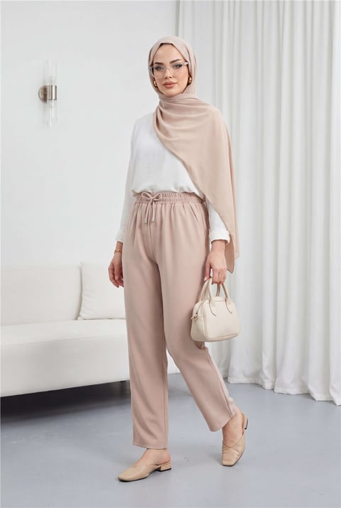 Çift Cepli Beli Lastikli Bağcık Detaylı Pantolon    -Taş-Pantolon-326-9093-R43