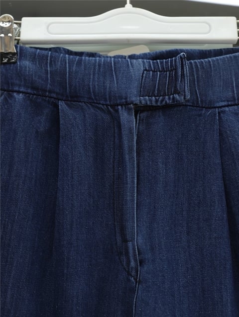 Çift Cepli Beli Lastikli Cırtlı Pileli Pantolon  -İndigo-Pantolon-417-17852-R21