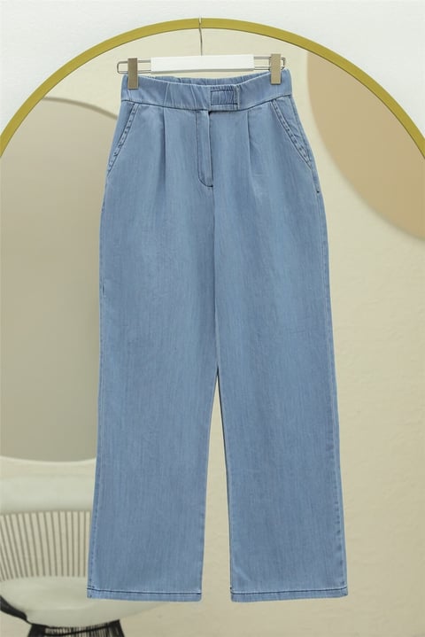 Çift Cepli Beli Lastikli Cırtlı Pileli Pantolon  -Açık Mavi-Pantolon-417-17852-R25