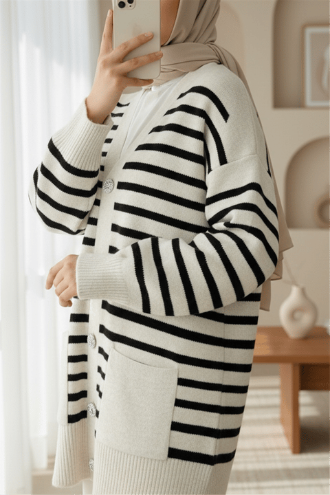 Çift Cepli Çizgili Triko Hırka  -Taş-Hırka-357-6195-R43