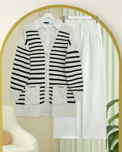 Çift Cepli Çizgili Triko Hırka  -Taş-Hırka-357-6195-R43