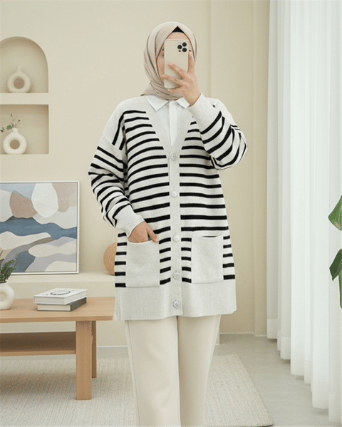 Çift Cepli Çizgili Triko Hırka  -Taş-Hırka-357-6195-R43