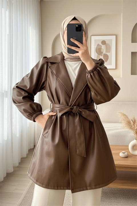Çift Cepli Düğmeli Kolu Lastikli Deri Kap  -Taba-Trençkot-223-6238-R12