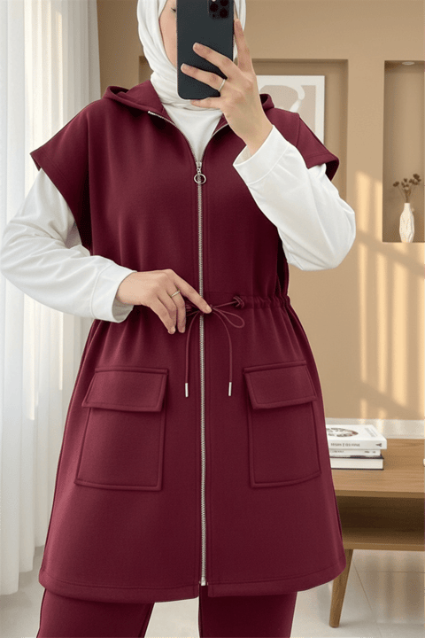 Çift Cepli Fermuarlı Lastik Detaylı Kısakollu Scuba Takım  -Bordo-Takım-349-7091-R04