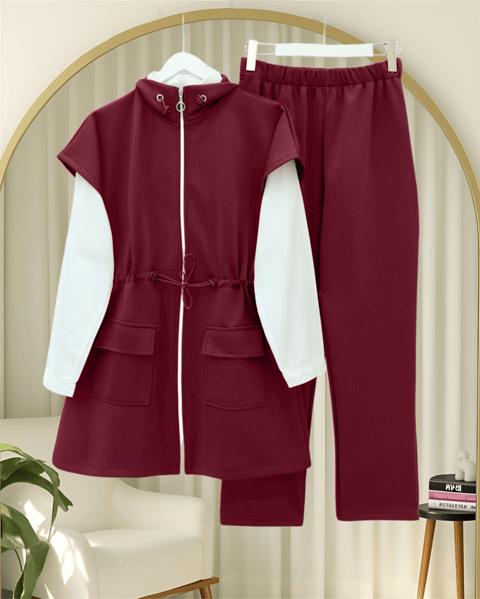 Çift Cepli Fermuarlı Lastik Detaylı Kısakollu Scuba Takım  -Bordo-Takım-349-7091-R04