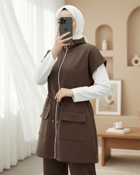 Çift Cepli Fermuarlı Lastik Detaylı Kısakollu Scuba Takım -Kahve-Takım-349-7091-R15