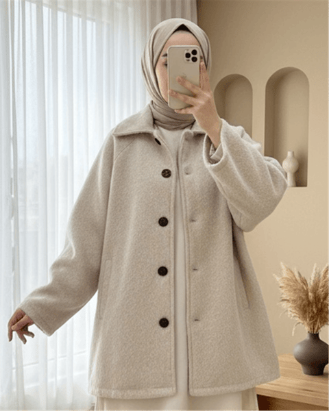 Çift Cepli Önü Düğmeli Astarlı Buklet Kaban -Bej-Kaban-223-3029-R56