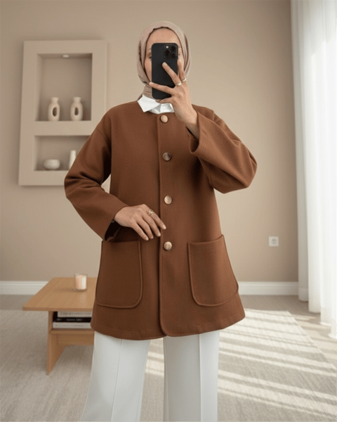 Çift Cepli Önü Düğmeli Kaşe Ceket -Açık Kahve-Ceket-307-0017-R76