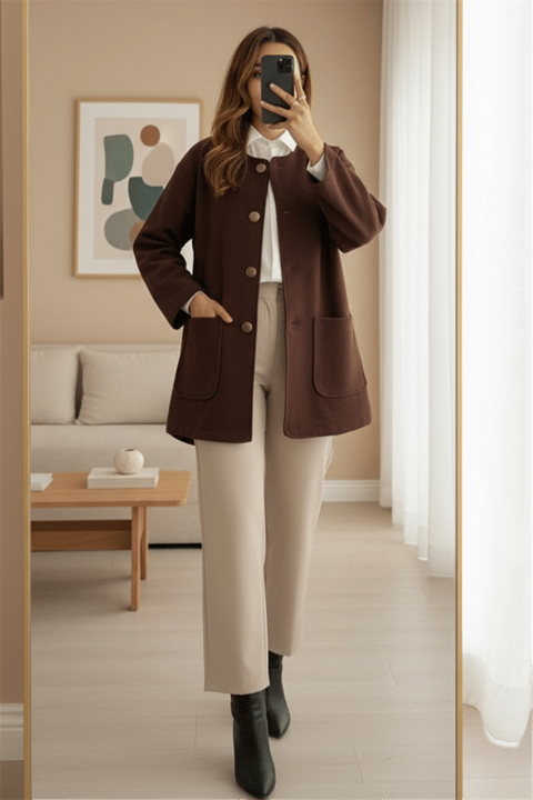 Çift Cepli Önü Düğmeli Kaşe Ceket -Kahve-Ceket-307-0017-R15