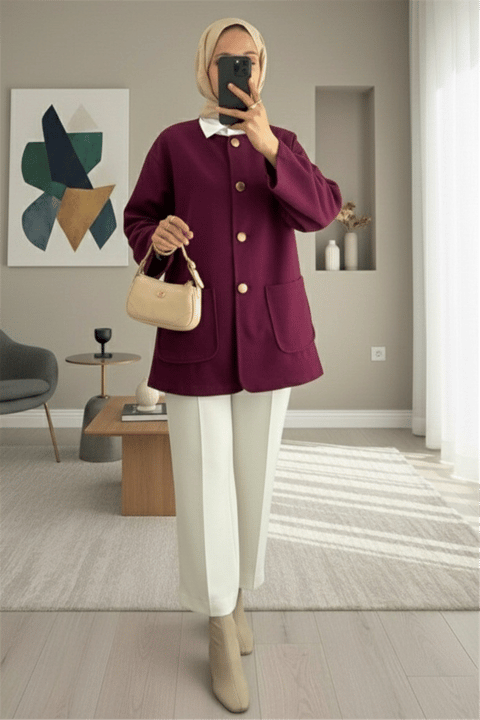 Çift Cepli Önü Düğmeli Kaşe Ceket -Mürdüm-Ceket-307-0017-R09