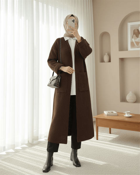 Çift Cepli Uzun Triko Hırka -Kahve-Hırka-109-0917-R15