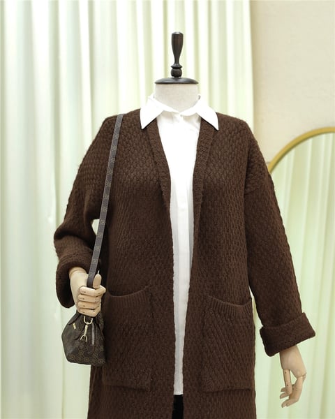 Çift Cepli Uzun Triko Hırka -Kahve-Hırka-109-0917-R15