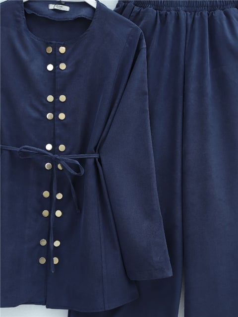 Çift Çıtçıt Detaylı Yuvarlak Yaka Bol Paça Pantolonlu Modal Takım -Laci-Takım-403-3070-R03