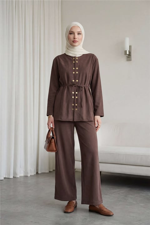 Çift Çıtçıt Detaylı Yuvarlak Yaka Bol Paça Pantolonlu Modal Takım -Kahve-Takım-403-3070-R15