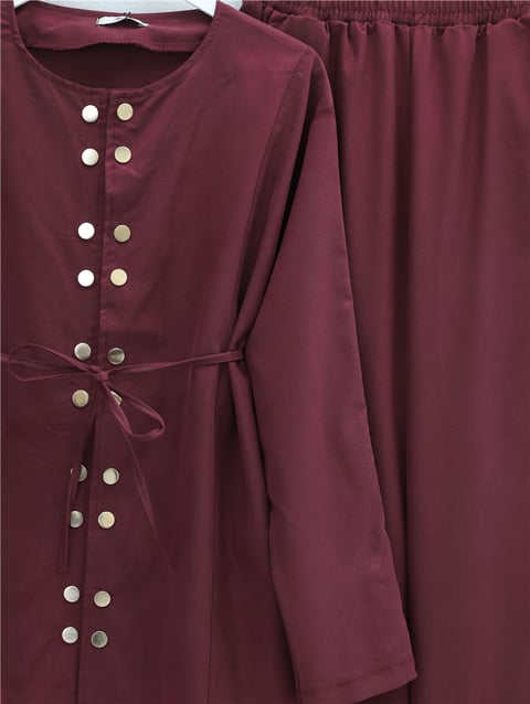 Çift Çıtçıt Detaylı Yuvarlak Yaka Bol Paça Pantolonlu Modal Takım -Bordo-Takım-403-3070-R04
