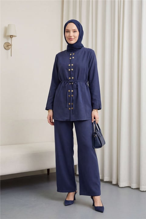 Çift Çıtçıt Detaylı Yuvarlak Yaka Bol Paça Pantolonlu Modal Takım -Laci-Takım-403-3070-R03