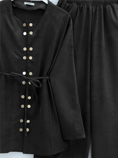 Çift Çıtçıt Detaylı Yuvarlak Yaka Bol Paça Pantolonlu Modal Takım -Siyah-Takım-403-3070-R01