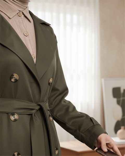 Çift Düğme Kemerli Uzun Trenckot -Haki-Trençkot-138-5853-R05