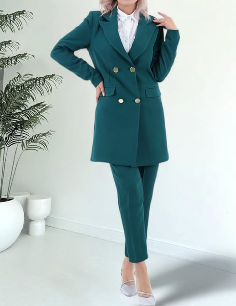 Takım-Çift Düğmeli Cep Detaylı Blazer Takım -Zümrüt-368-4251-R17
